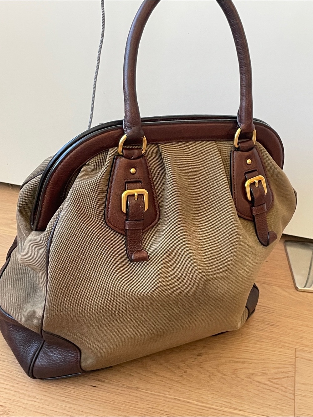 Prada Large Canapa Canvas Tote Brown Vitello Leather Trim Gold Hardware Italy - Picture 7 of 16